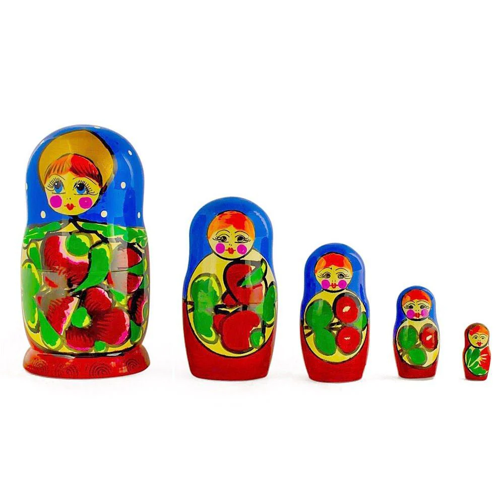 Set of 5 Traditional in Blue Scarf Nesting Dolls 6 Inches