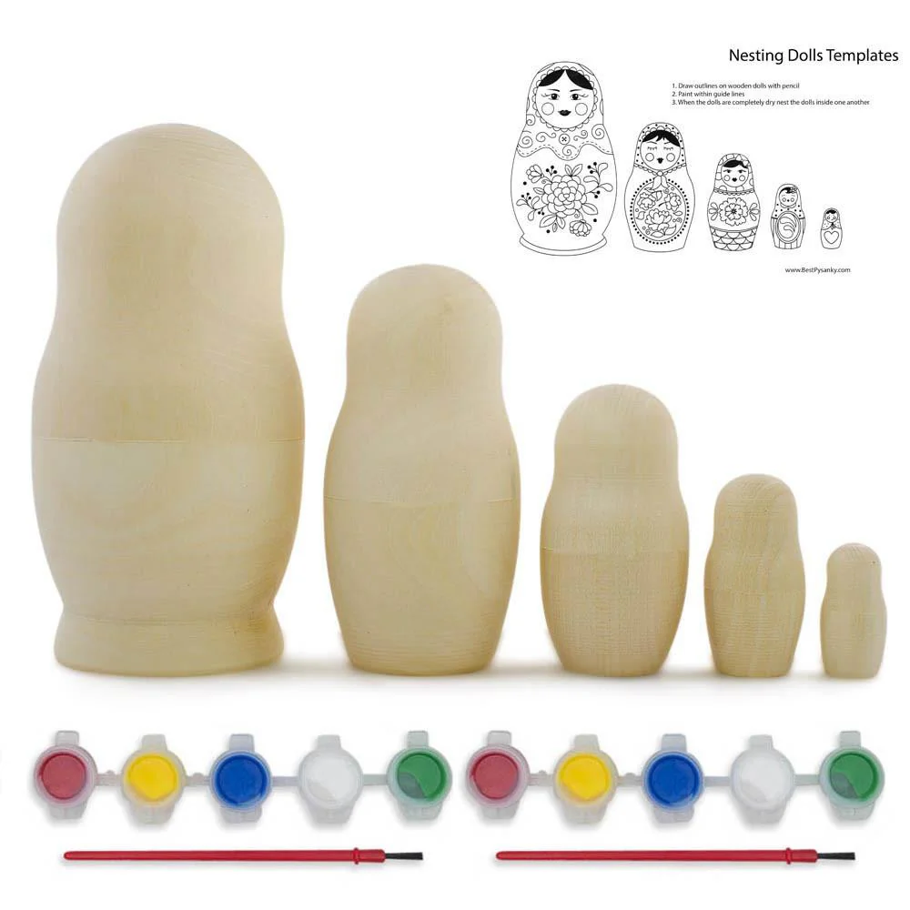 Set of 5 Unfinished Wooden Nesting Dolls with Paints DIY Craft Blanks for Painting  5.75 Inches - Image 2