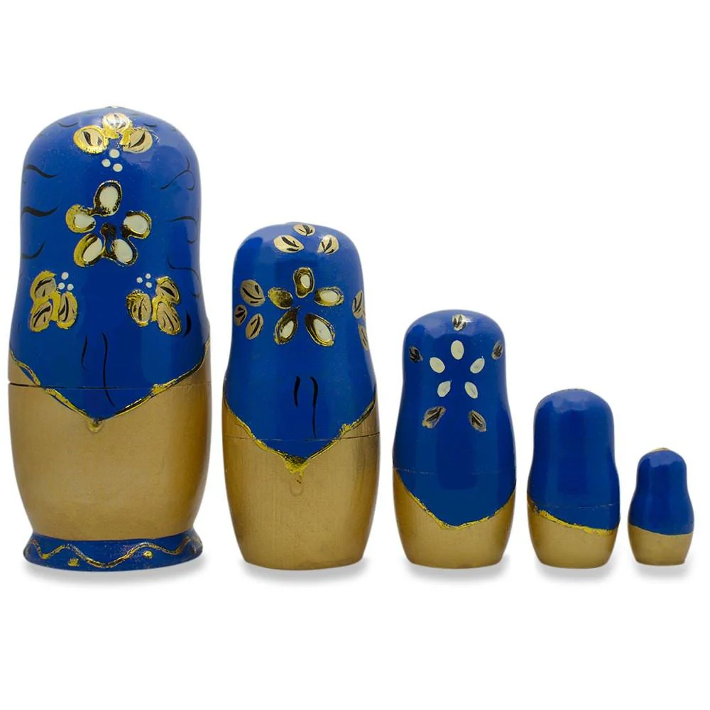 Set of 5 White Flowers on Blue Nesting Dolls 6.5 Inches - Image 2