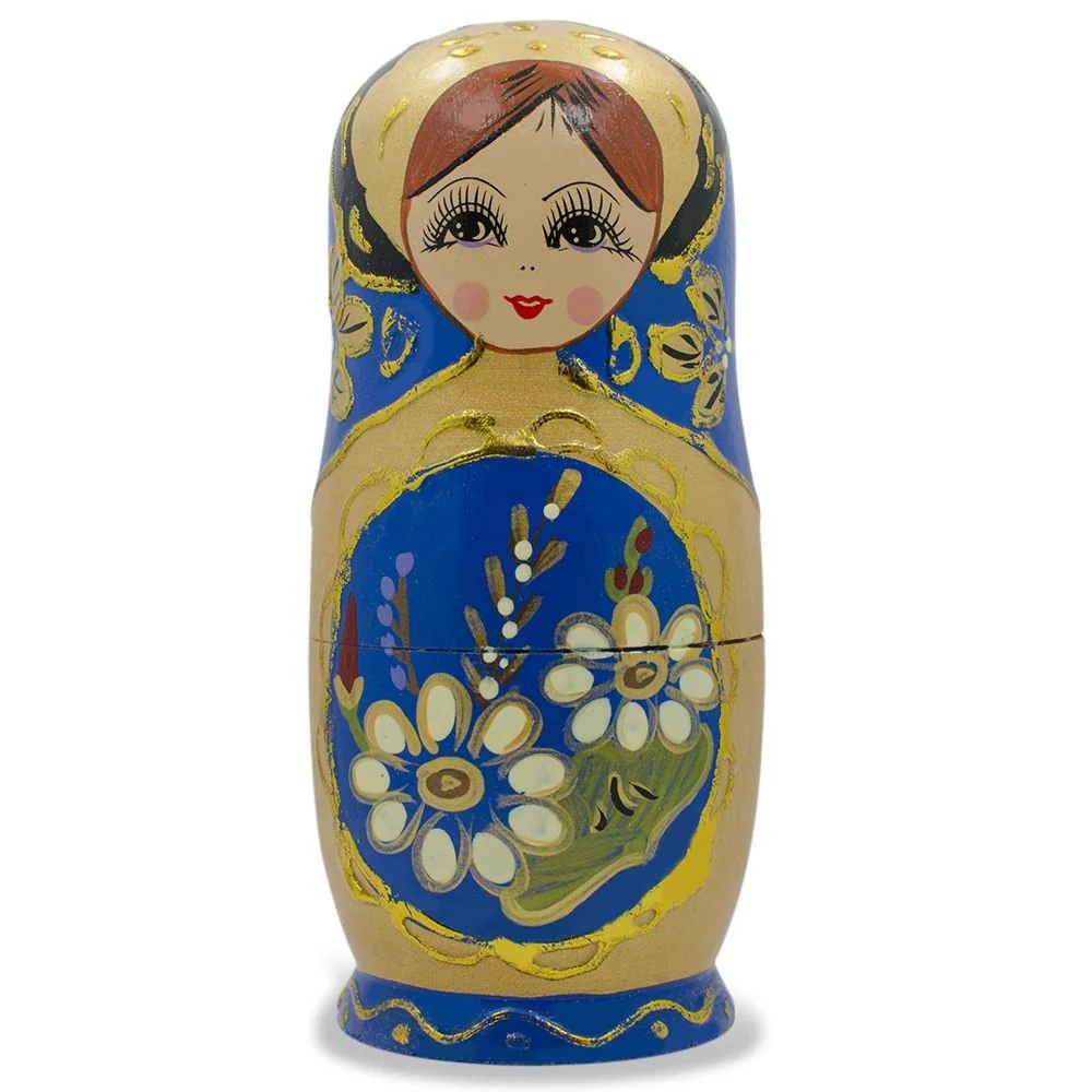 Set of 5 White Flowers on Blue Nesting Dolls 6.5 Inches - Image 3