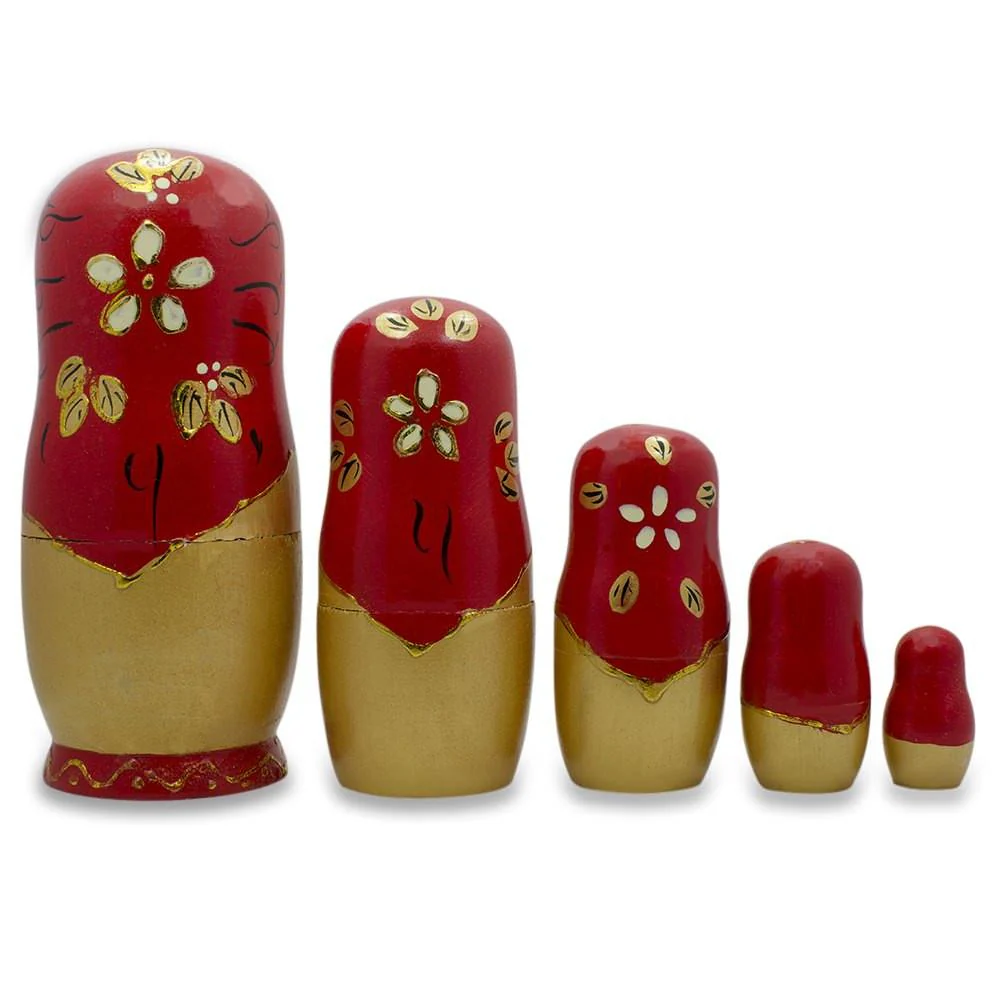 Set of 5 White Flowers on Red Nesting Dolls 6.5 Inches - Image 2
