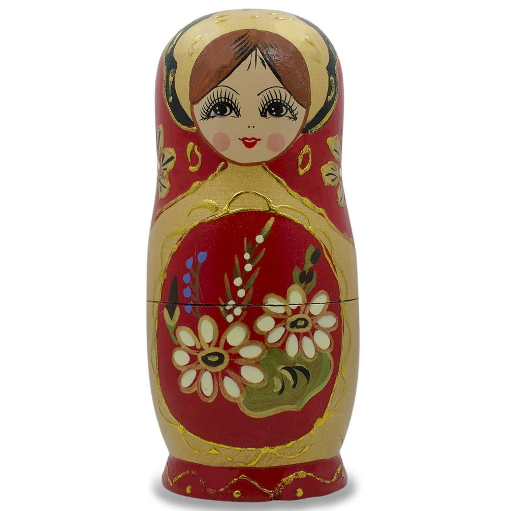 Set of 5 White Flowers on Red Nesting Dolls 6.5 Inches - Image 3