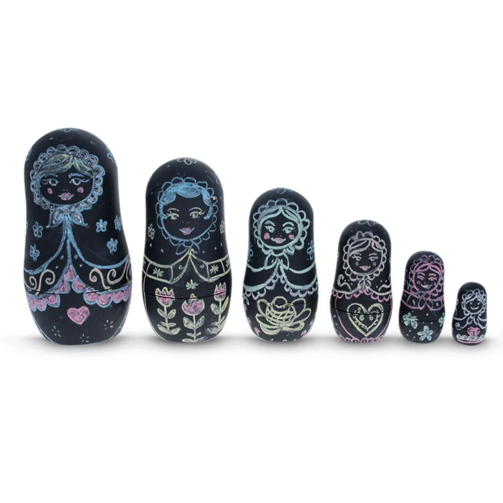 Set of 6 Chalkboard Plastic Nesting Dolls with Color Chalks Reusable DIY Drawing Matryoshka Craft Kit - Image 5