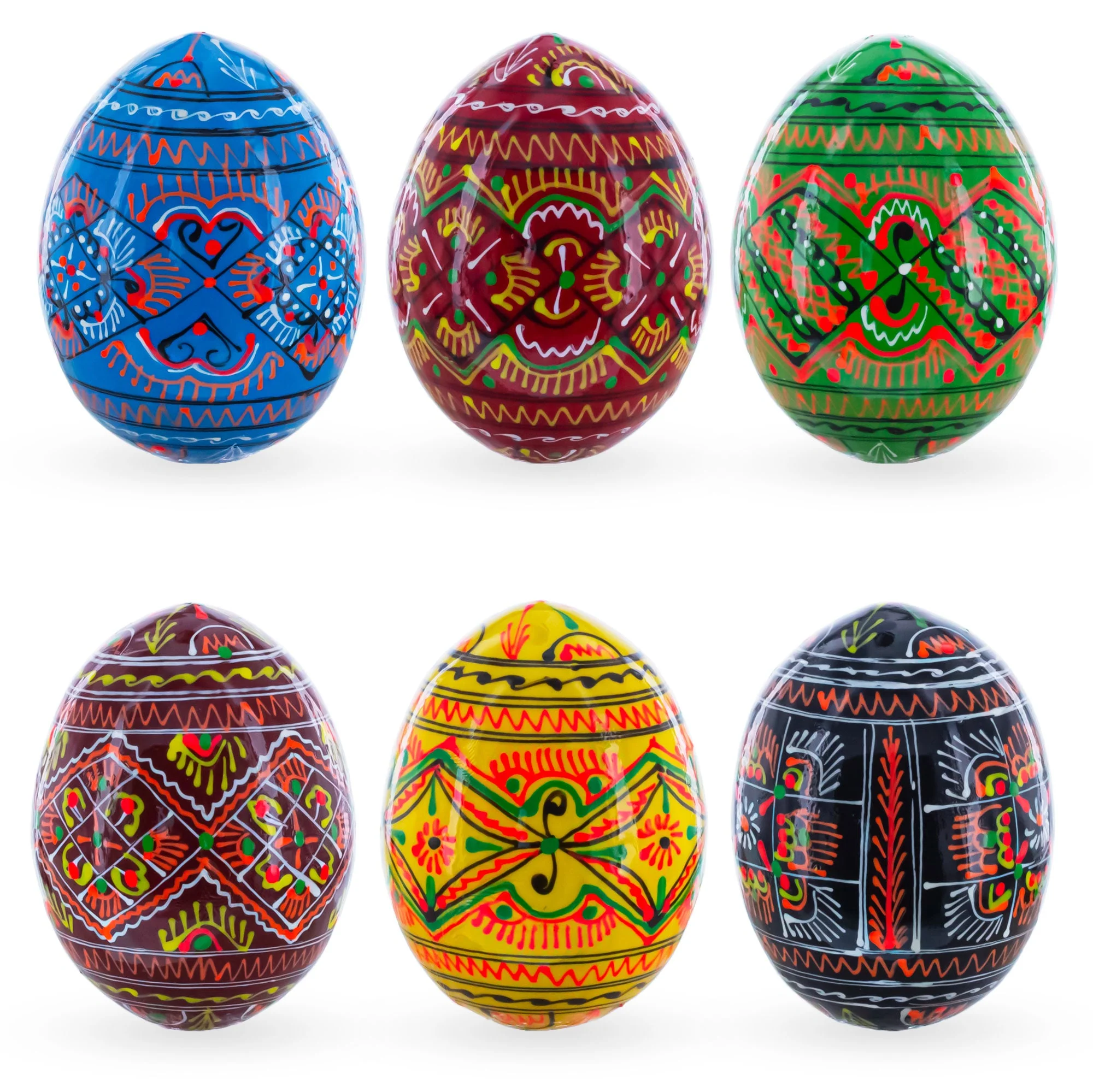 Set of 6 Geometric Pysanky Ukrainian Wooden Easter Eggs 2.5 Inches - Image 2