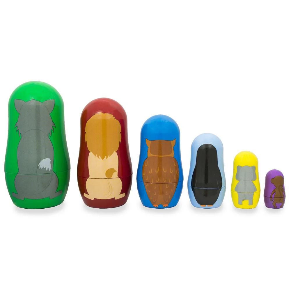 Set of 6 Wolf, Lion, Owl, Penguin Wild Animals Plastic Nesting Dolls 4.5 Inches - Image 2