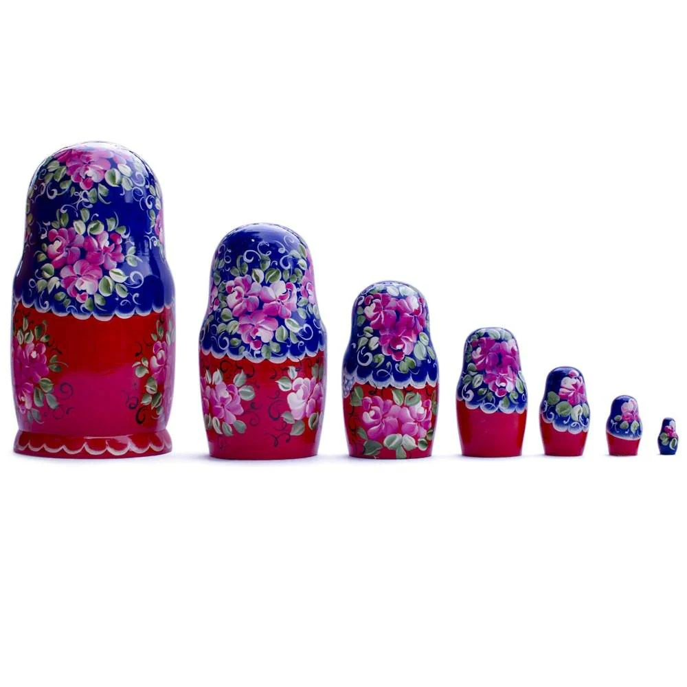 Set of 7 Blue Scarf Red Dress  Nesting Dolls 8.5 Inches - Image 2