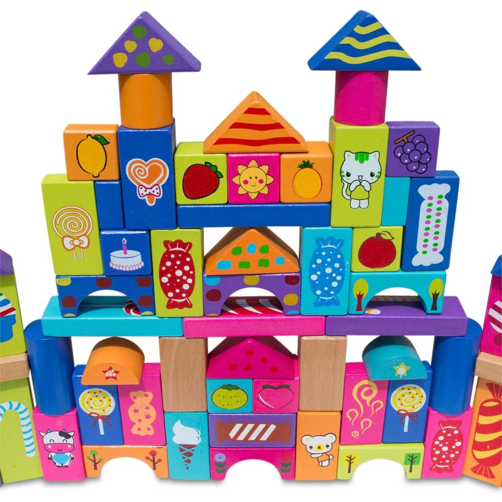 Set of 90 Colorful Wooden Building Blocks Educational Stacking Toy Castle - Image 2