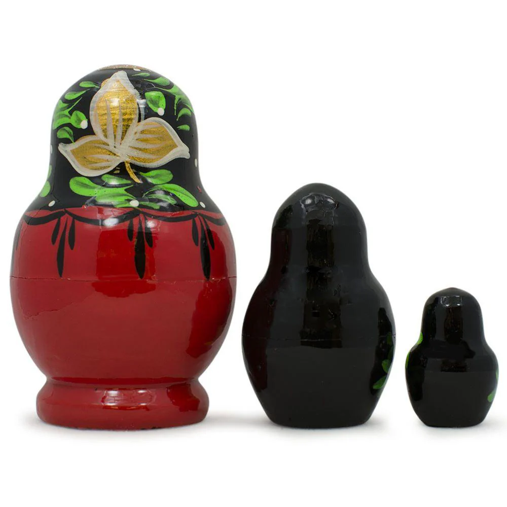 Set of Flowers on Black and Red Dress Nesting Dolls 3.5 Inches - Image 2