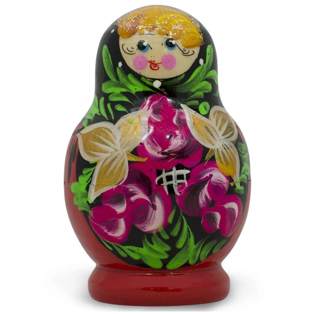 Set of Flowers on Black and Red Dress Nesting Dolls 3.5 Inches - Image 3