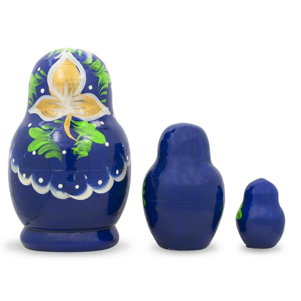 Set of Flowers on Blue Dress Nesting Dolls 3.5 Inches - Image 2