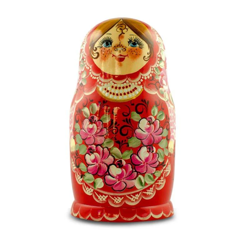 Set of Girls in Red Dress Wooden Nesting Dolls 7 Inches - Image 3