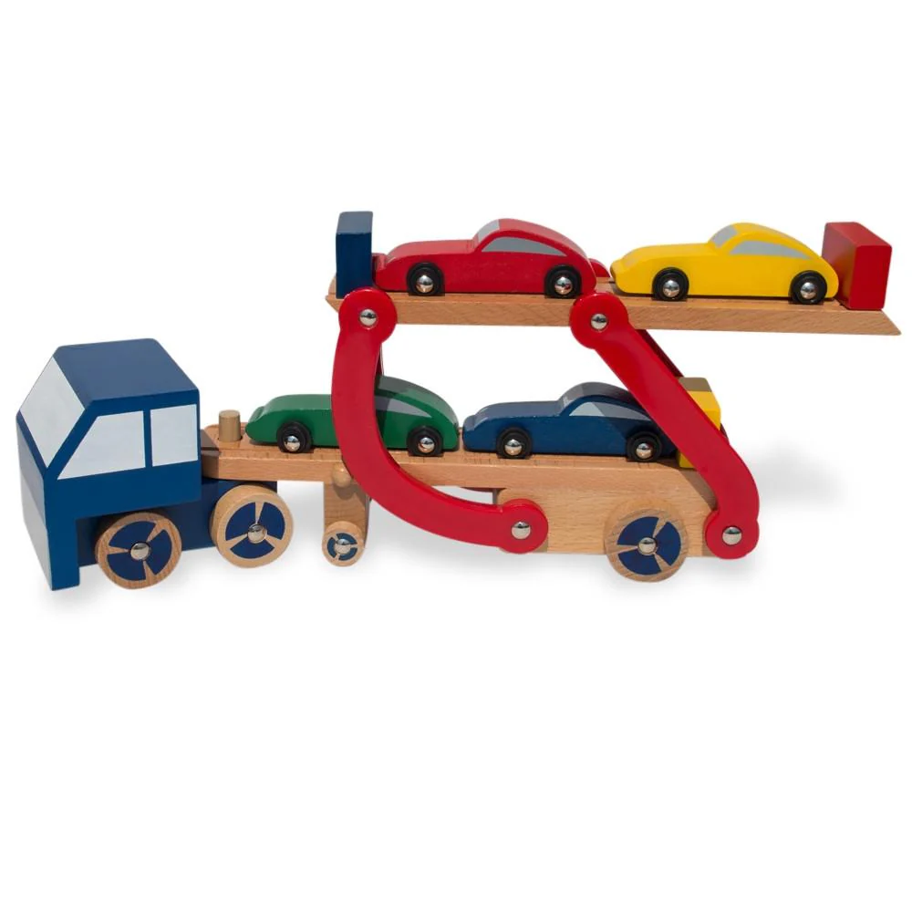 Set of Wooden Truck with Trailer and 4 Cars - Image 2