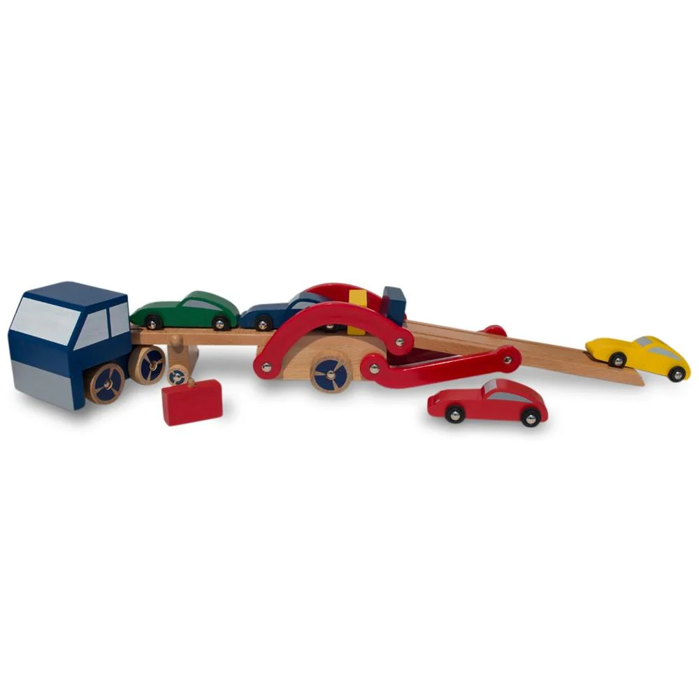 Set of Wooden Truck with Trailer and 4 Cars - Image 3