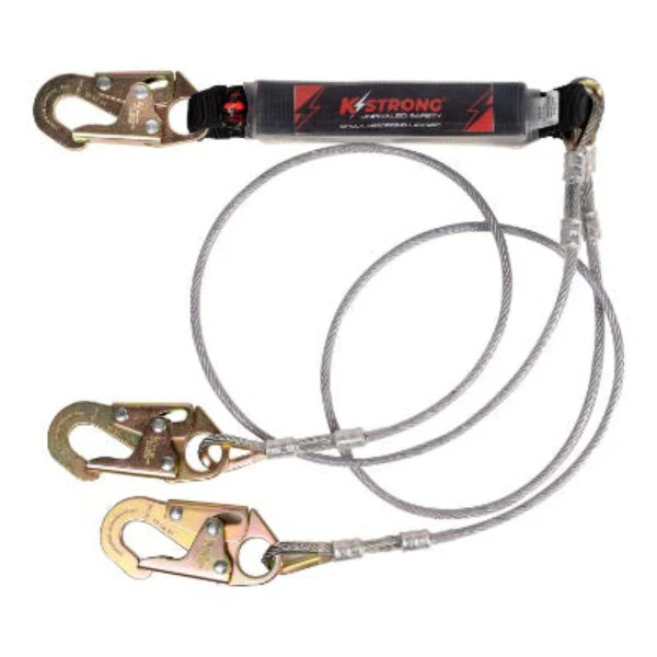 Shock Absorbing Lanyard - Clear Shock Pack - Wire Cable Leading Edge - Twin Leg - 3 Snap Hooks - 6ft - Image 2