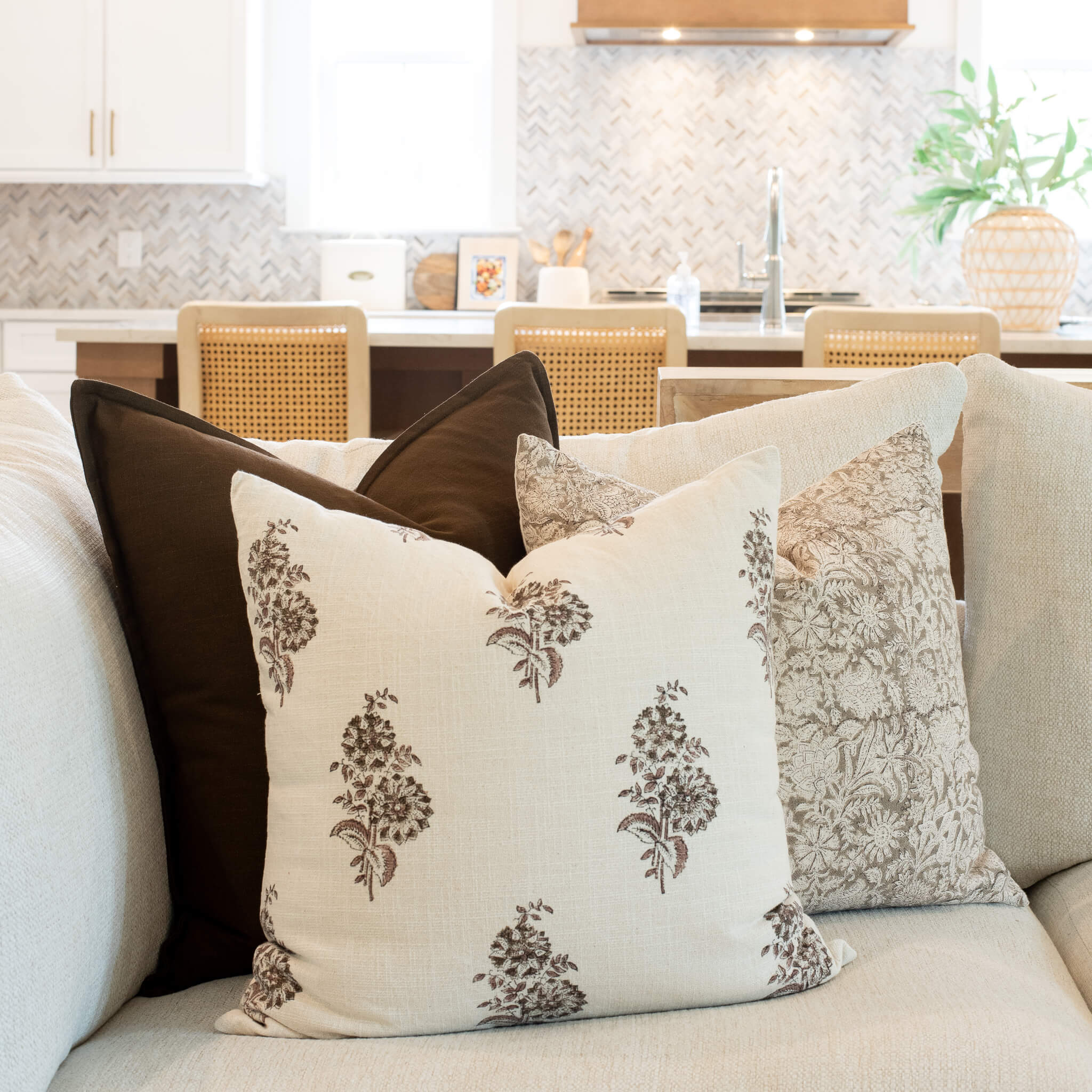 Sienna Floral Block Printed Pillow Cover | Light Brown - Image 2