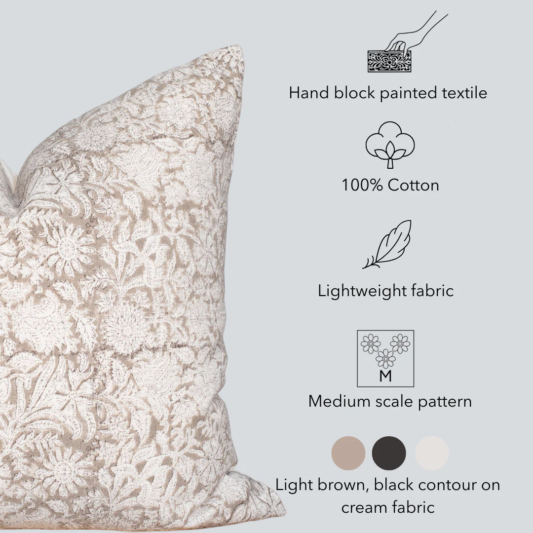 Sienna Floral Block Printed Pillow Cover | Light Brown - Image 6