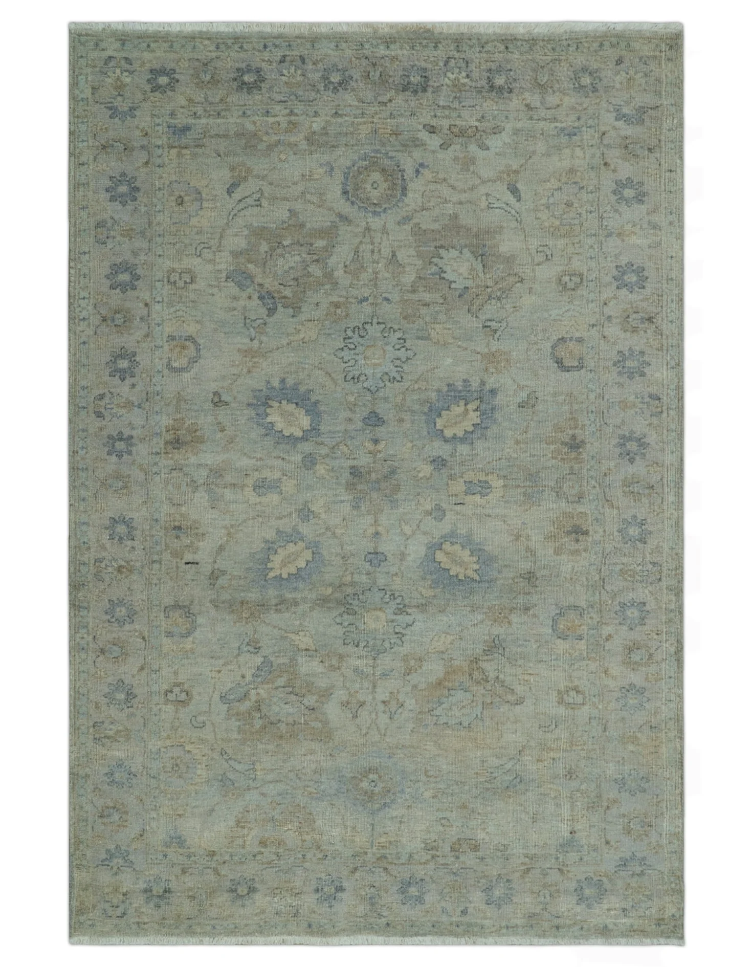 Silver And Beige Traditional Design Hand Knotted 4x5.6 Wool Area Rug - Image 8