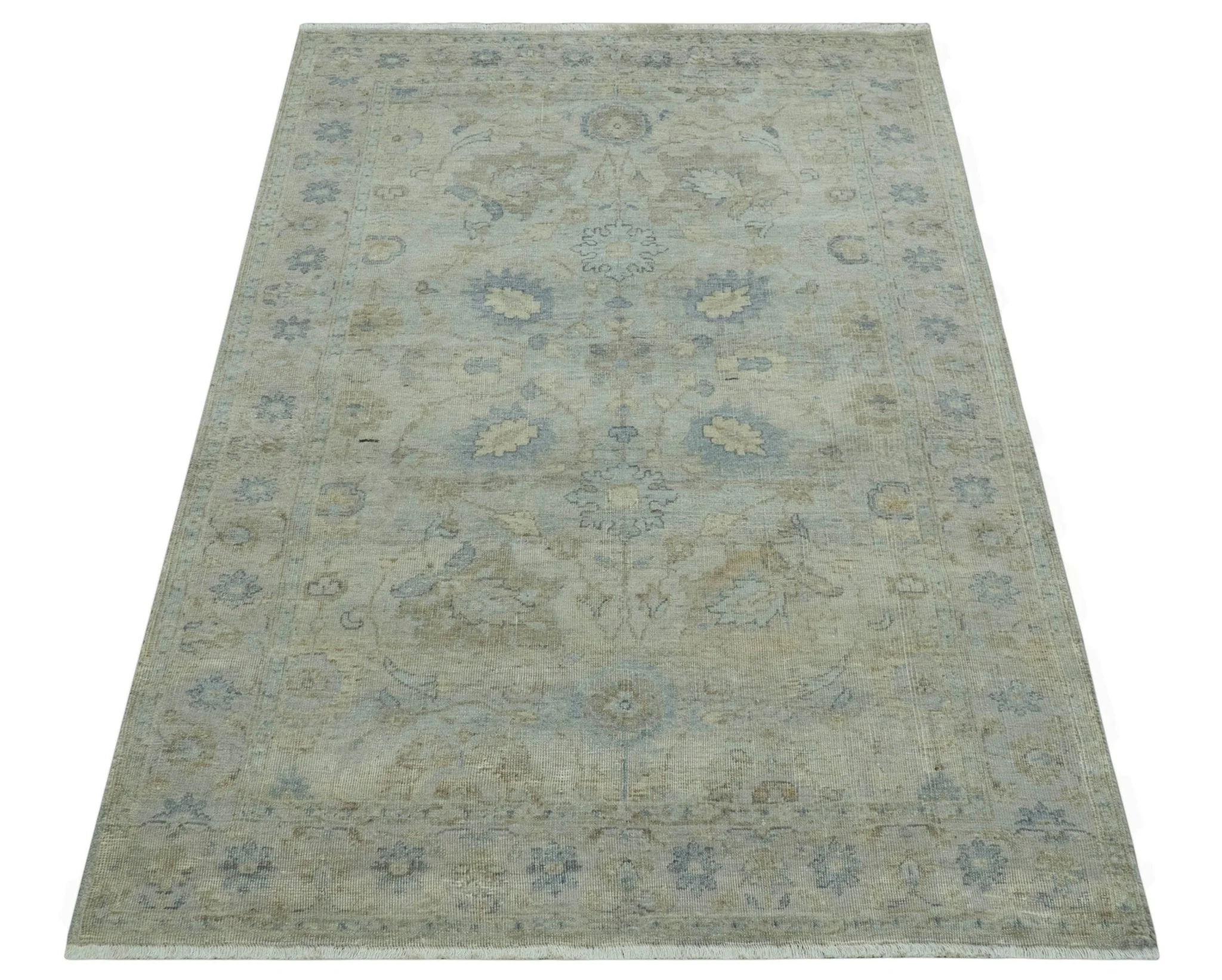 Silver And Beige Traditional Design Hand Knotted 4x5.6 Wool Area Rug - Image 9