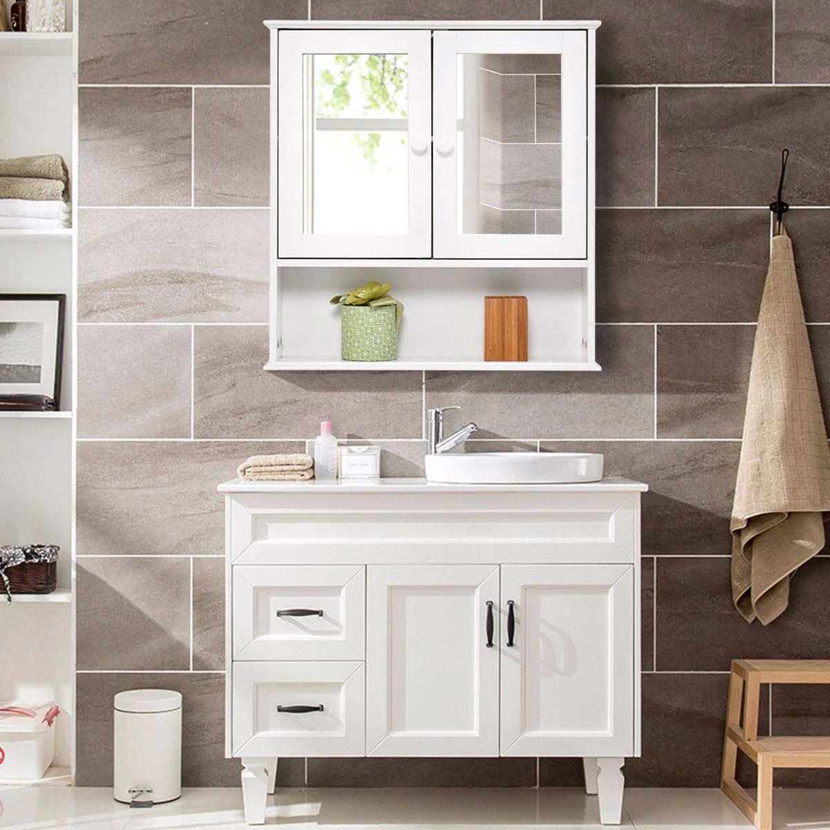 Simple Bathroom Mirror Wall Cabinet in White Wood Finish 23 x 22 inch - Image 4