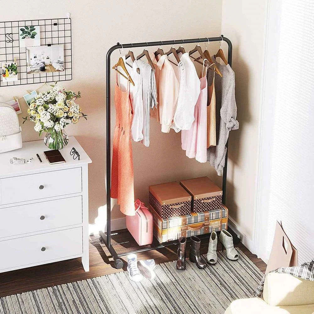 Simple Black Steel Tube Rolling Garment Clothes Rack with Bottom Mesh Shelf - Image 3