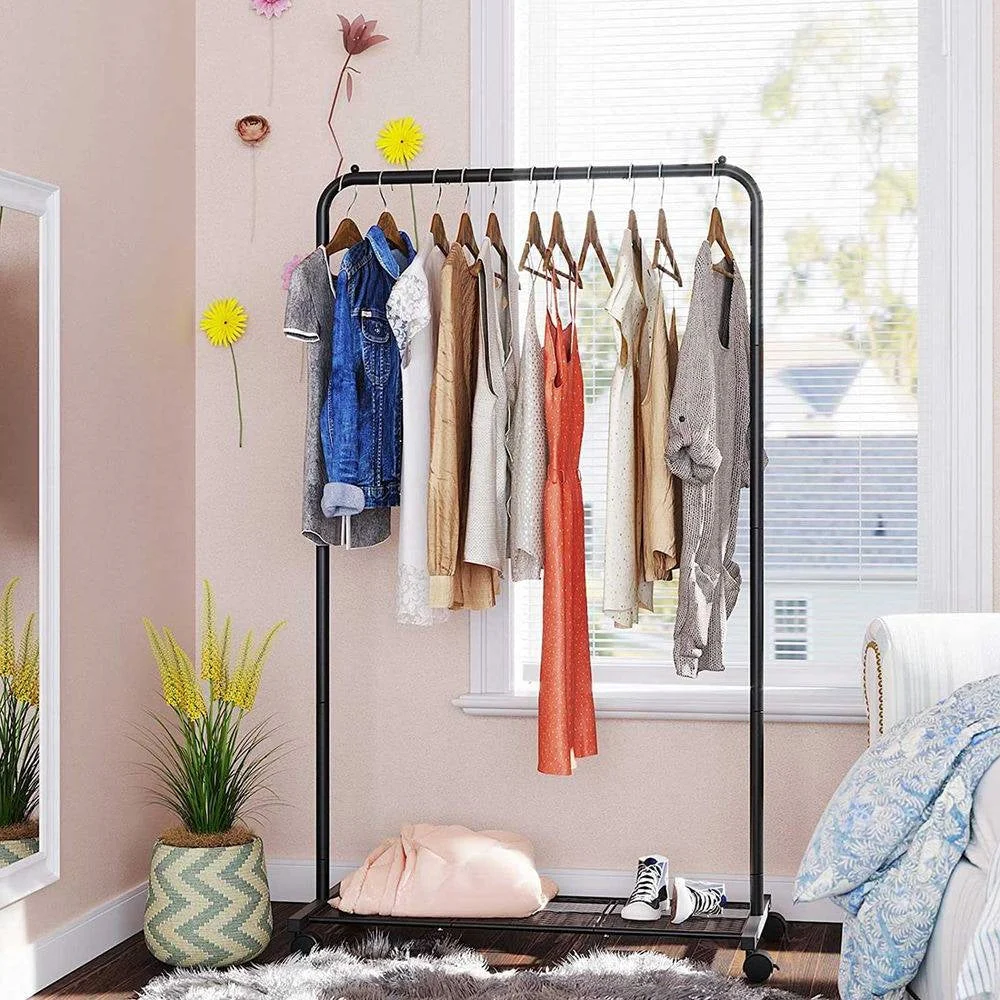 Simple Black Steel Tube Rolling Garment Clothes Rack with Bottom Mesh Shelf - Image 4