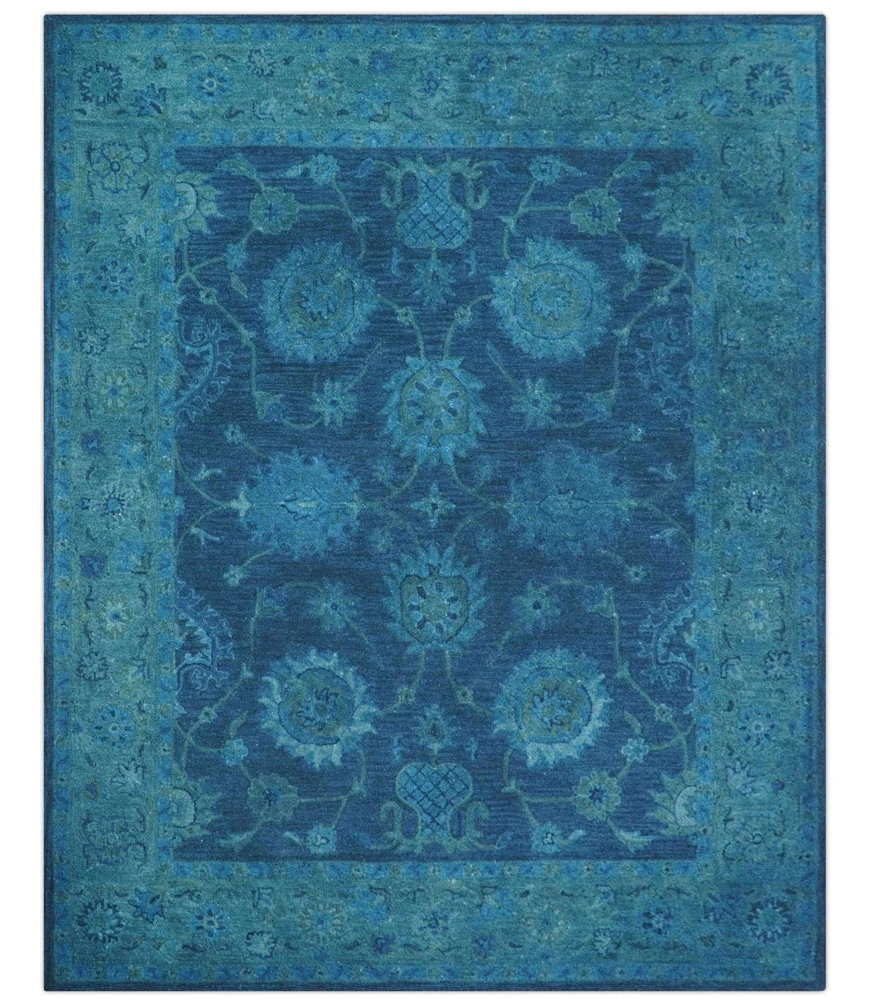 Sky Custom Made Blue Traditional Oushak Design Overdyed Wool Rug