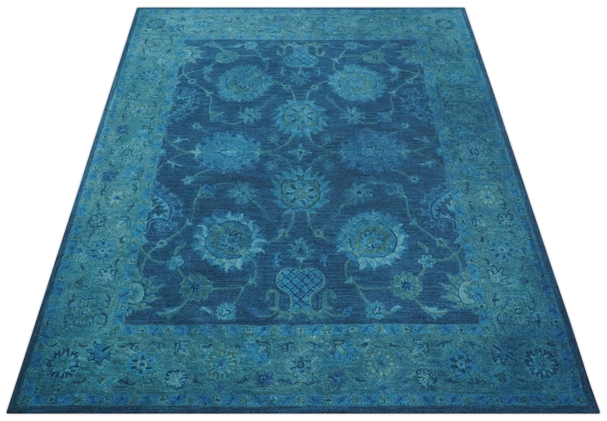 Sky Custom Made Blue Traditional Oushak Design Overdyed Wool Rug - Image 11