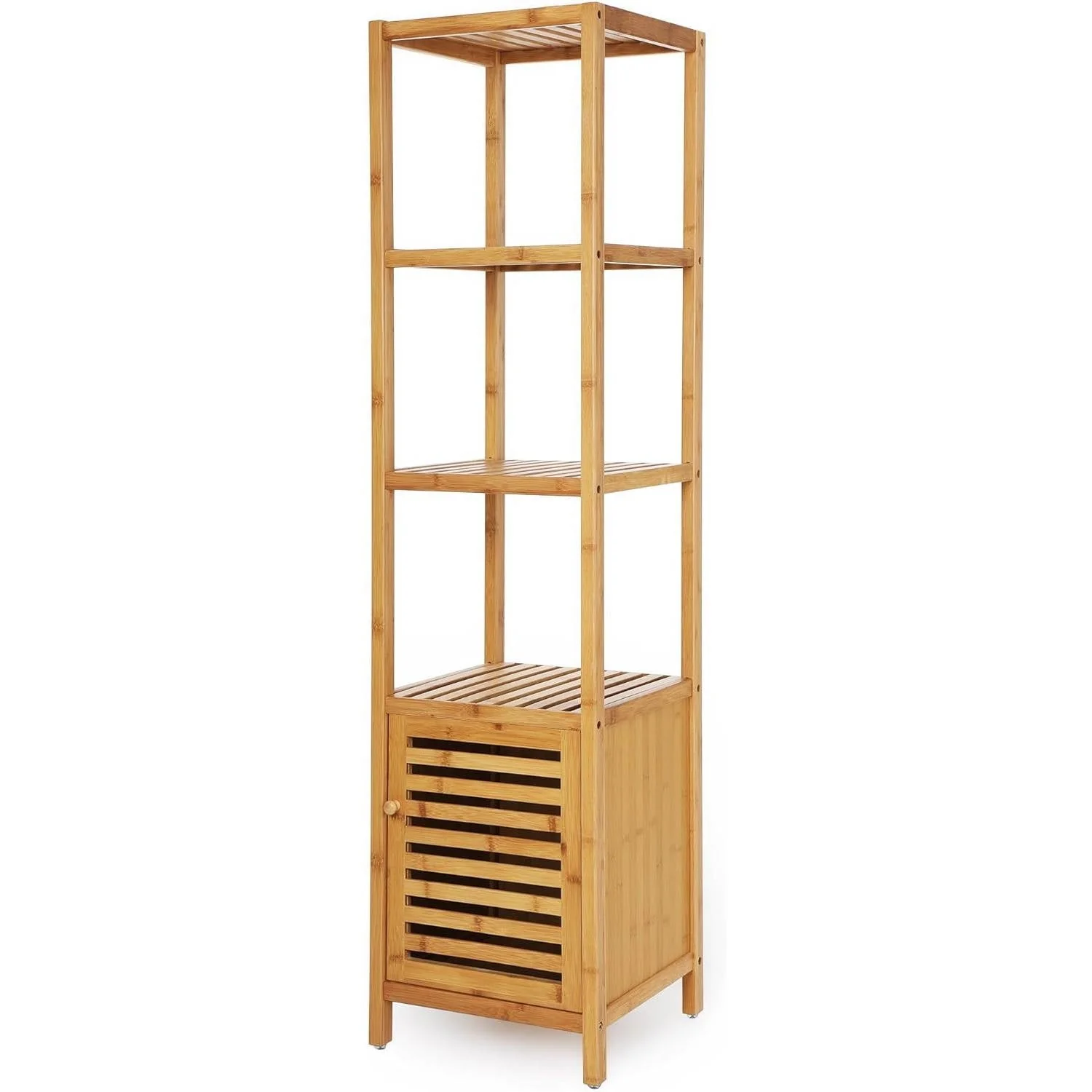 Slim 3-Shelf Bamboo Wood Bookcase Shelving Unit with Bottom Storage Cabinet - Image 2