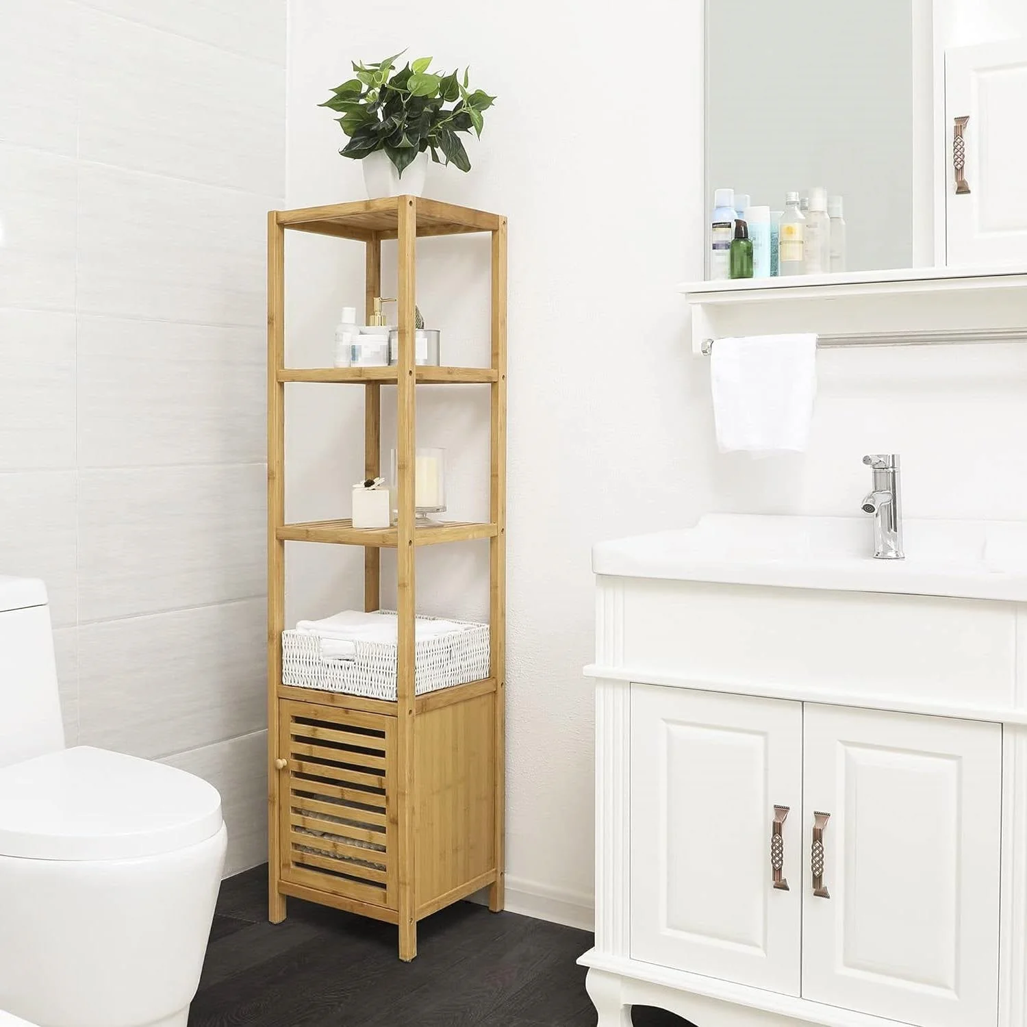 Slim 3-Shelf Bamboo Wood Bookcase Shelving Unit with Bottom Storage Cabinet - Image 3