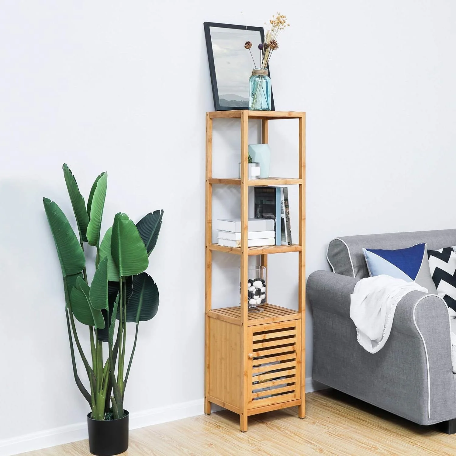 Slim 3-Shelf Bamboo Wood Bookcase Shelving Unit with Bottom Storage Cabinet - Image 4