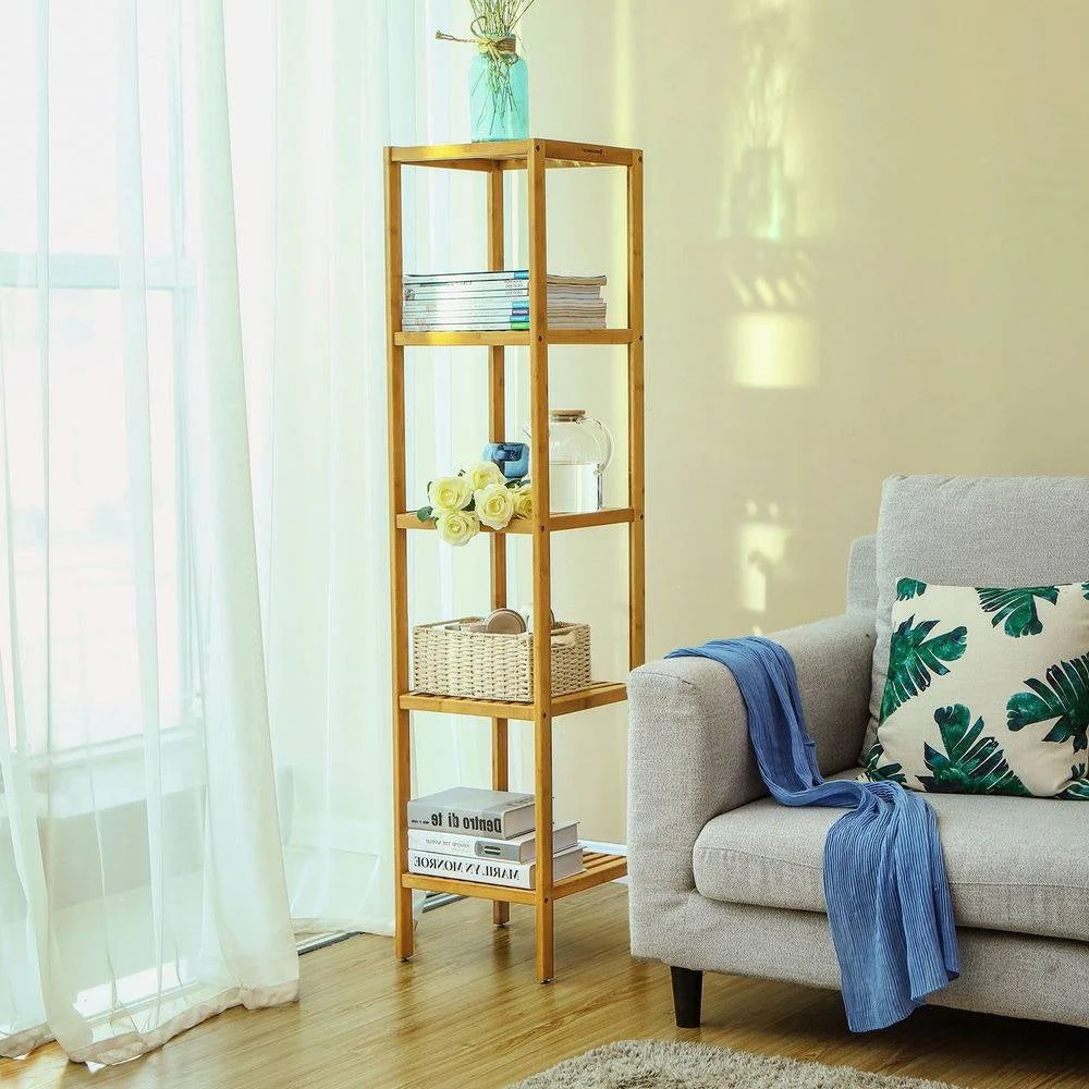 Slim 4-Shelf Natural Bamboo Wooden Shelving Unit Storage Rack Bookcase - Image 2