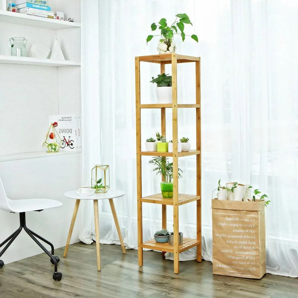 Slim 4-Shelf Natural Bamboo Wooden Shelving Unit Storage Rack Bookcase - Image 3