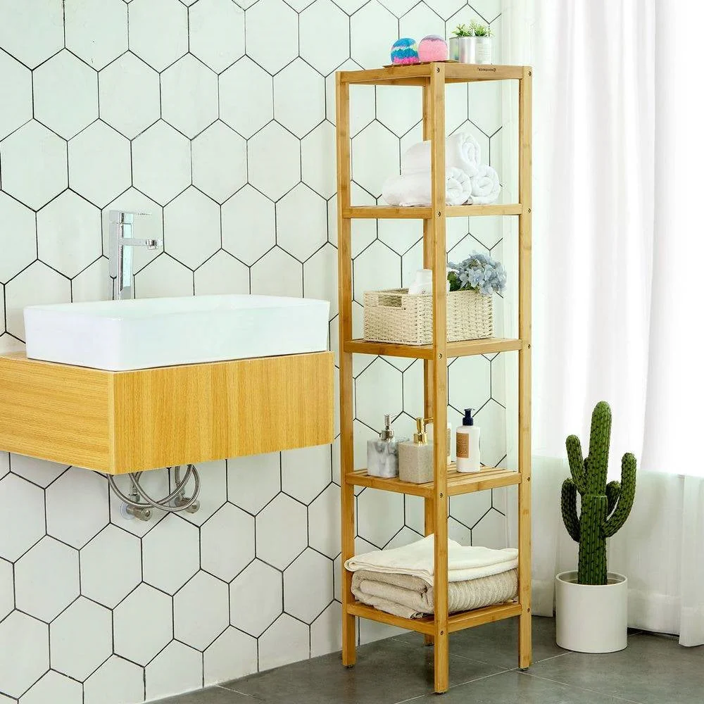 Slim 4-Shelf Natural Bamboo Wooden Shelving Unit Storage Rack Bookcase - Image 4