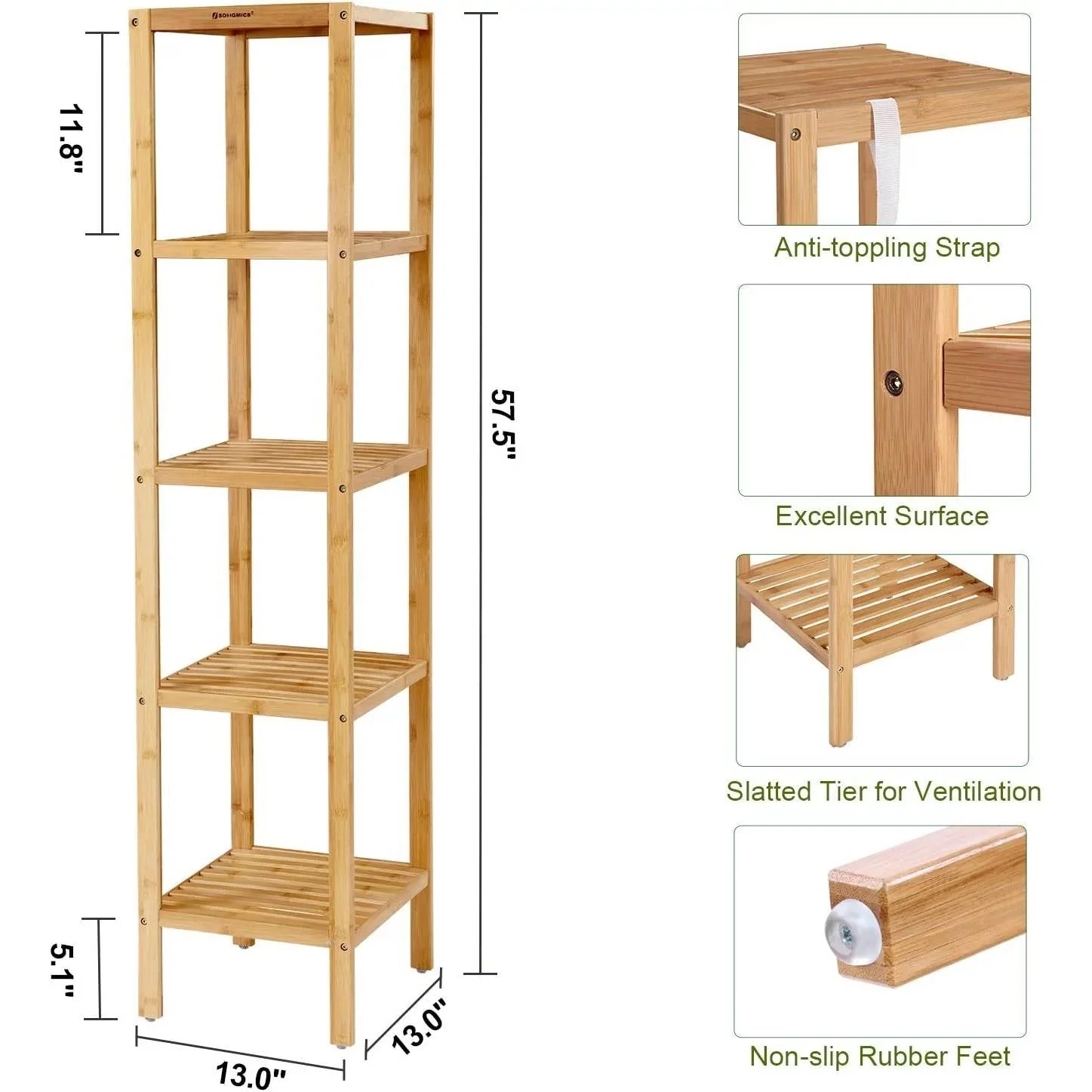 Slim 4-Shelf Natural Bamboo Wooden Shelving Unit Storage Rack Bookcase - Image 5
