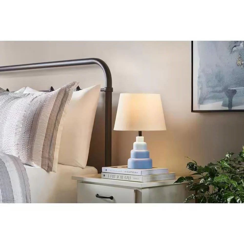 Small Blue Desk Light Table Lamp with White Fabric Shade for Bedside Nightstand - Image 2