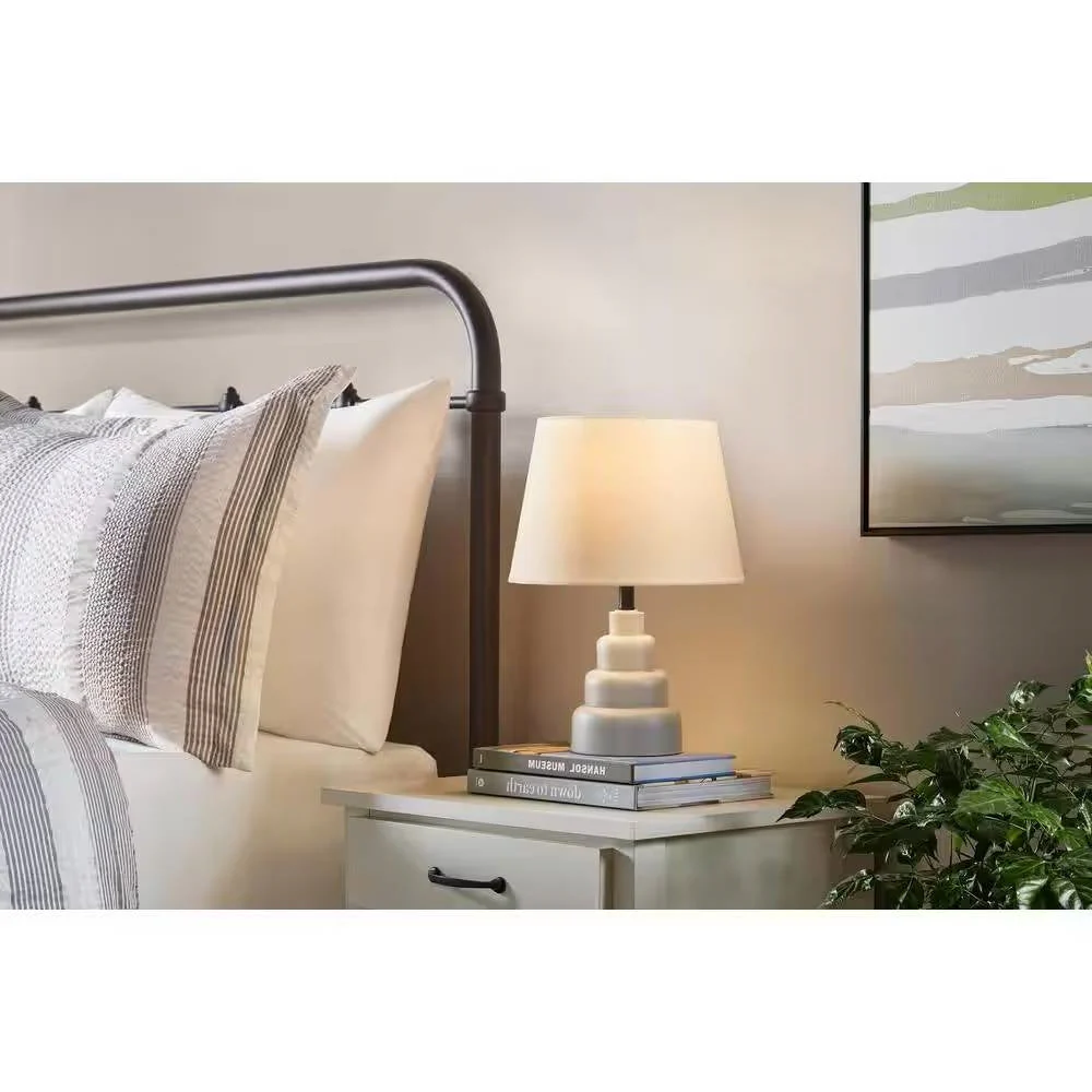 Small Grey Desk Light Table Lamp with White Fabric Shade for Bedside Nightstand - Image 2