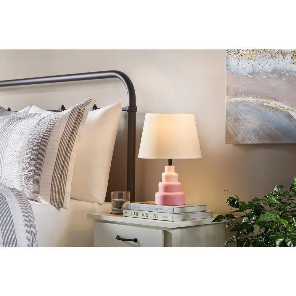 Small Pink Desk Light Table Lamp with White Fabric Shade for Bedside Nightstand - Image 2