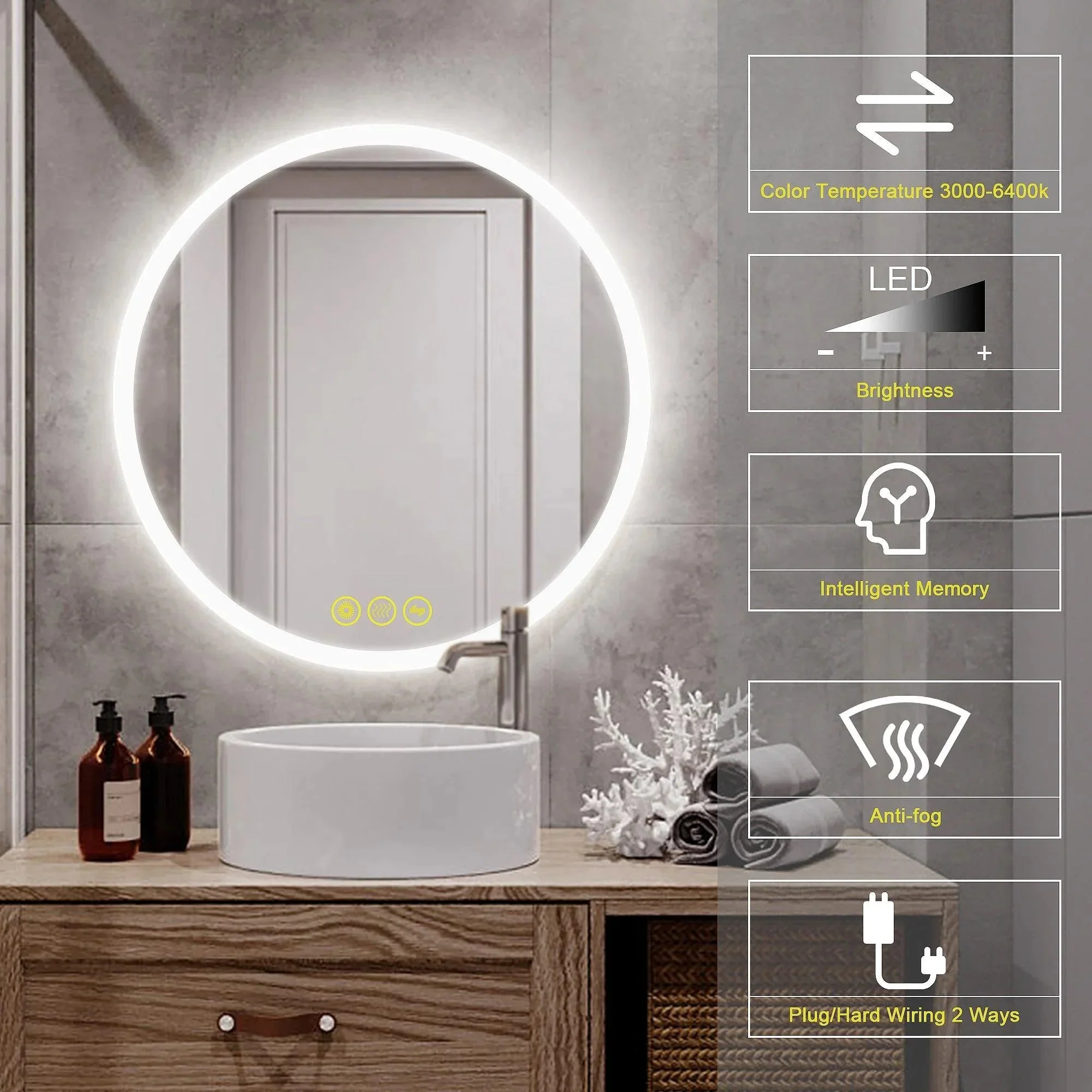 SmartReflect Modern Round LED Dimmable Anti-Fog Frameless Bathroom Vanity Mirror - Image 2