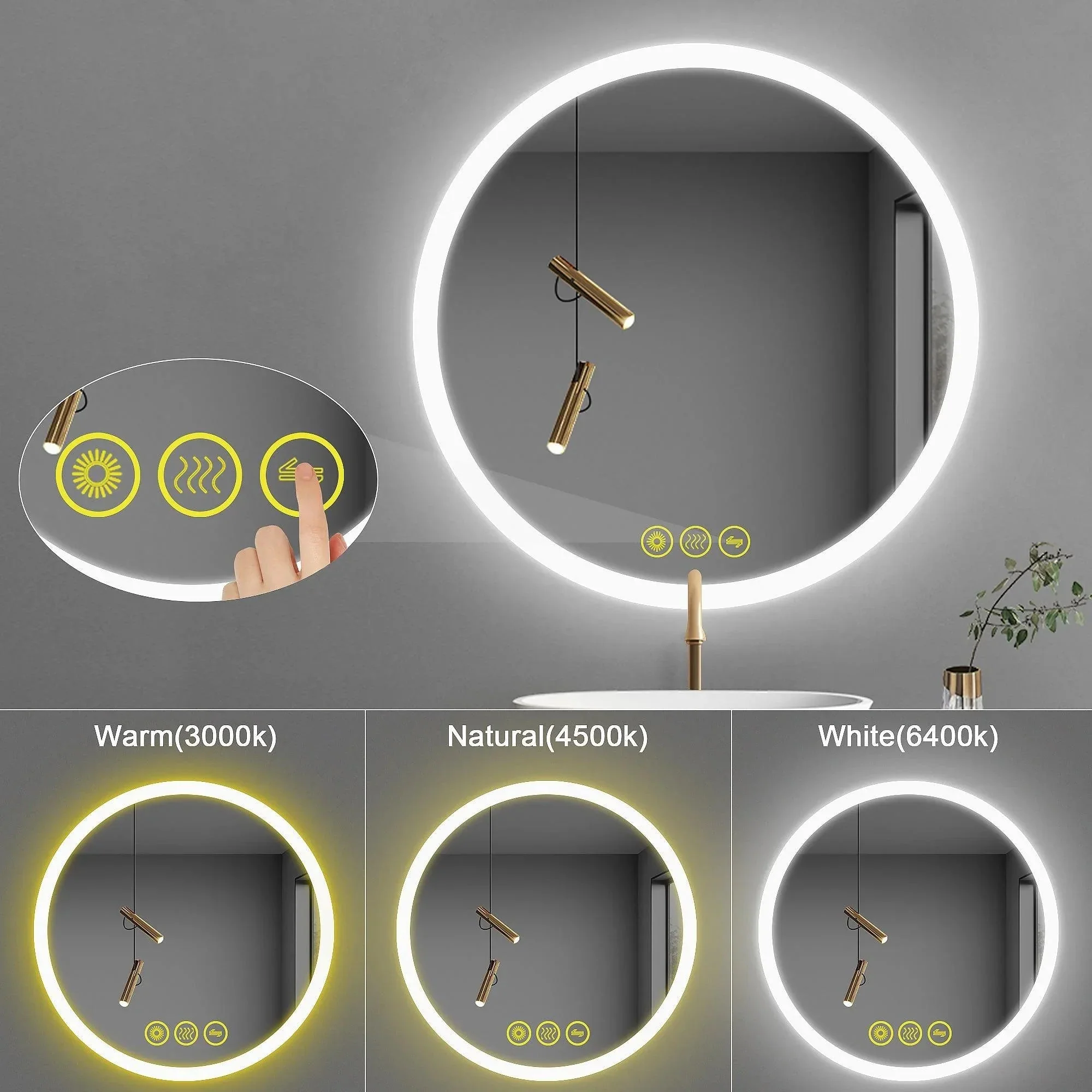 SmartReflect Modern Round LED Dimmable Anti-Fog Frameless Bathroom Vanity Mirror - Image 3