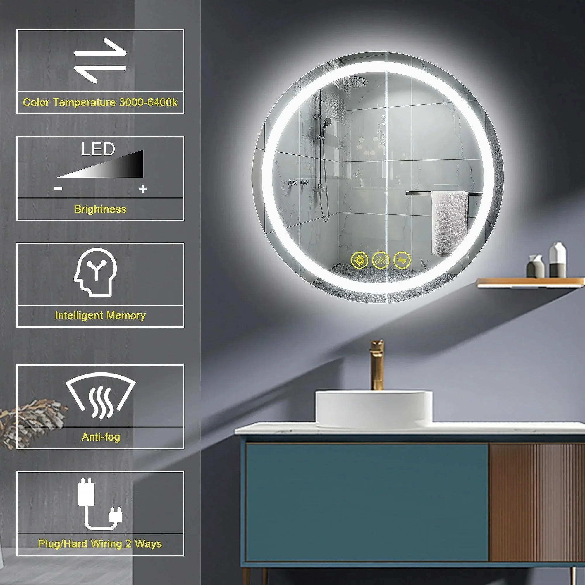 SmartShine Contemporary LED Dimmable Round Anti-Fog Backlit Bathroom Vanity Mirror - Image 2