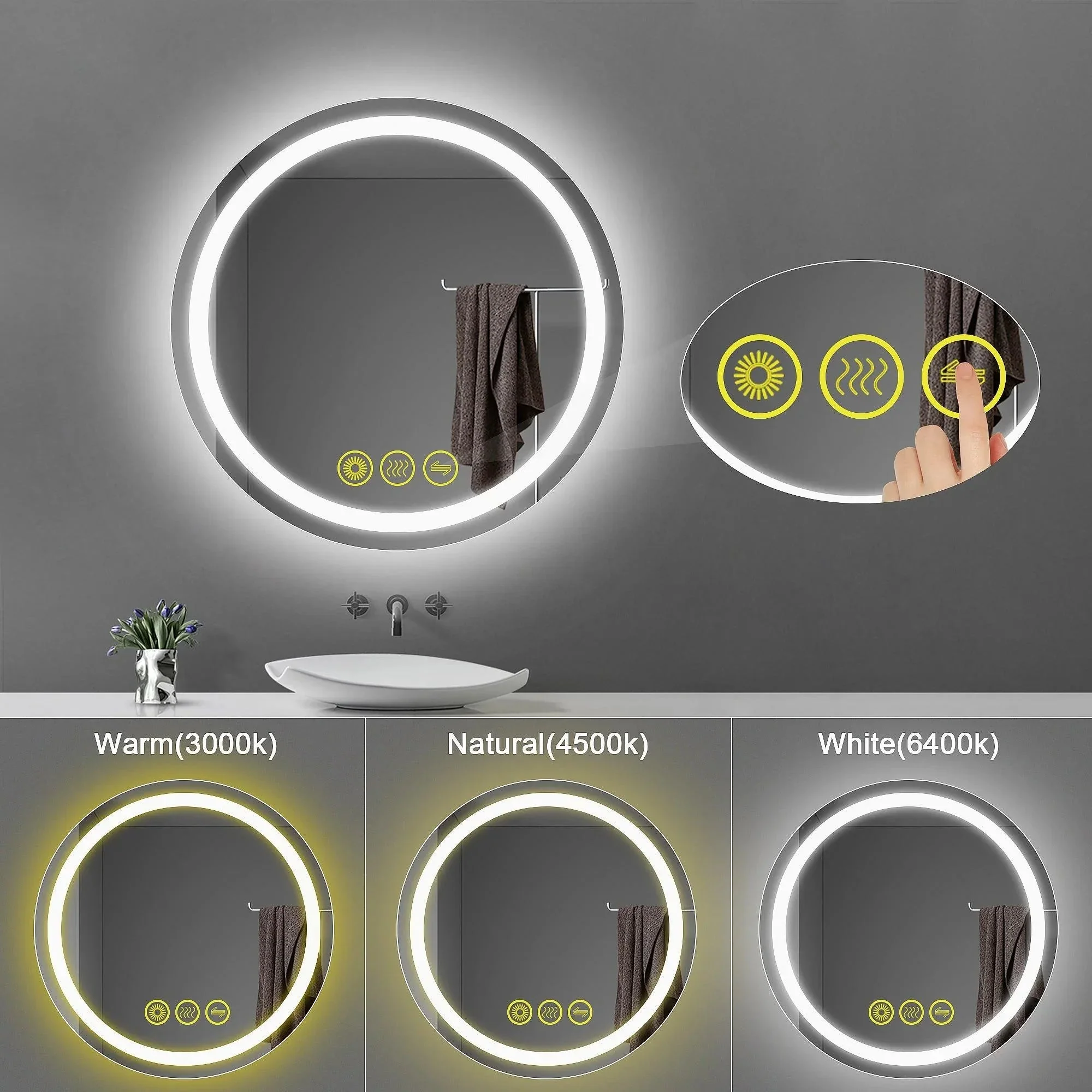 SmartShine Contemporary LED Dimmable Round Anti-Fog Backlit Bathroom Vanity Mirror - Image 3