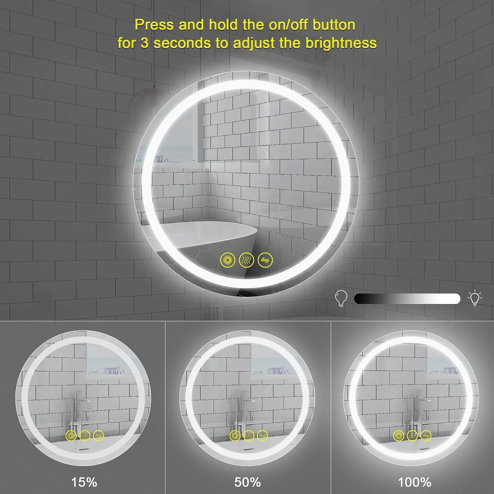 SmartShine Contemporary LED Dimmable Round Anti-Fog Backlit Bathroom Vanity Mirror - Image 4