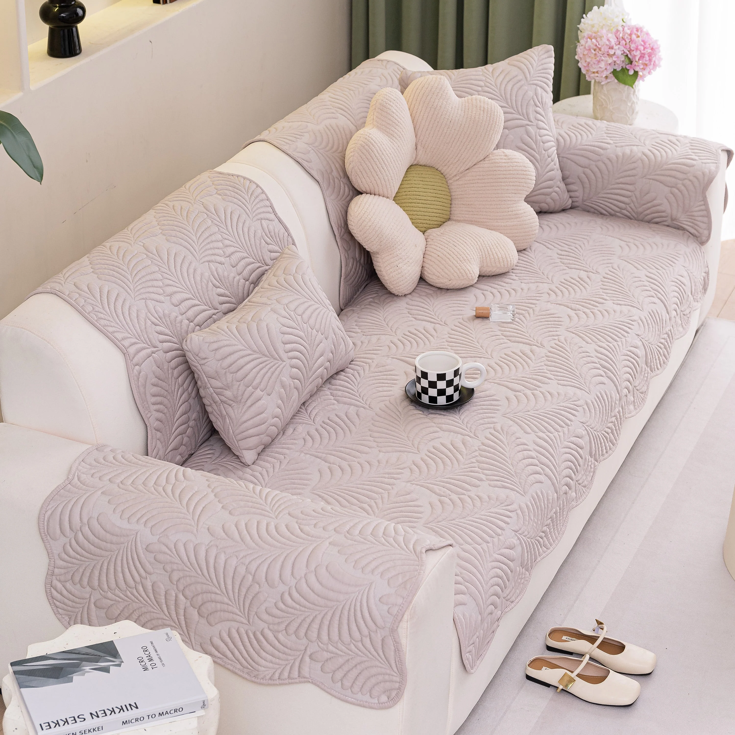 Sofa Cover for Leather & Fabric Couches, 3D Leaf Embossed Quilted Furniture Covers - Image 100