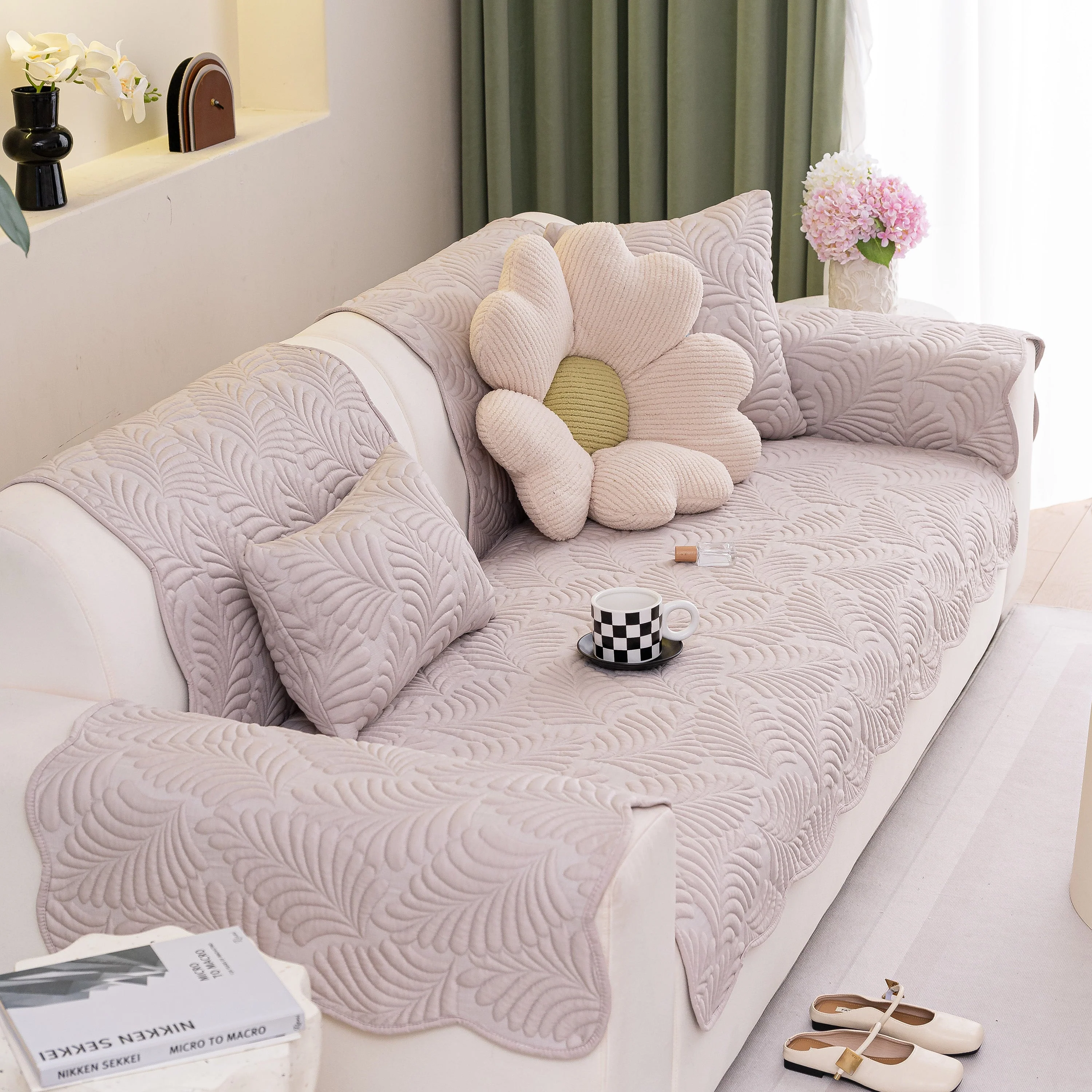 Sofa Cover for Leather & Fabric Couches, 3D Leaf Embossed Quilted Furniture Covers - Image 101