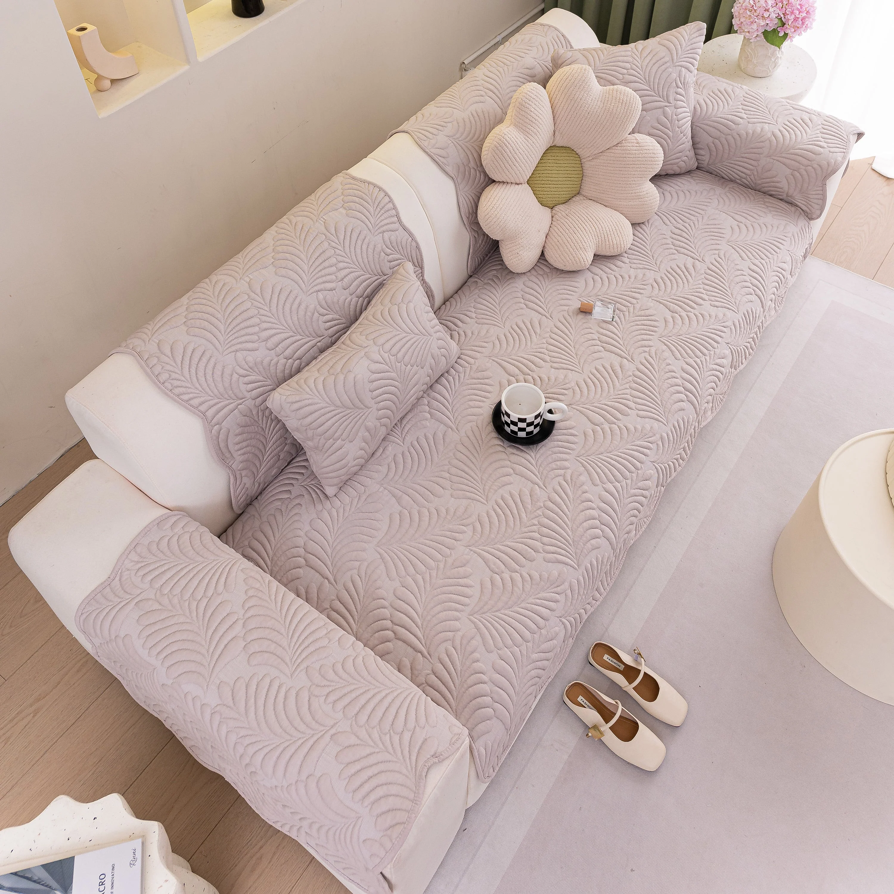 Sofa Cover for Leather & Fabric Couches, 3D Leaf Embossed Quilted Furniture Covers - Image 102