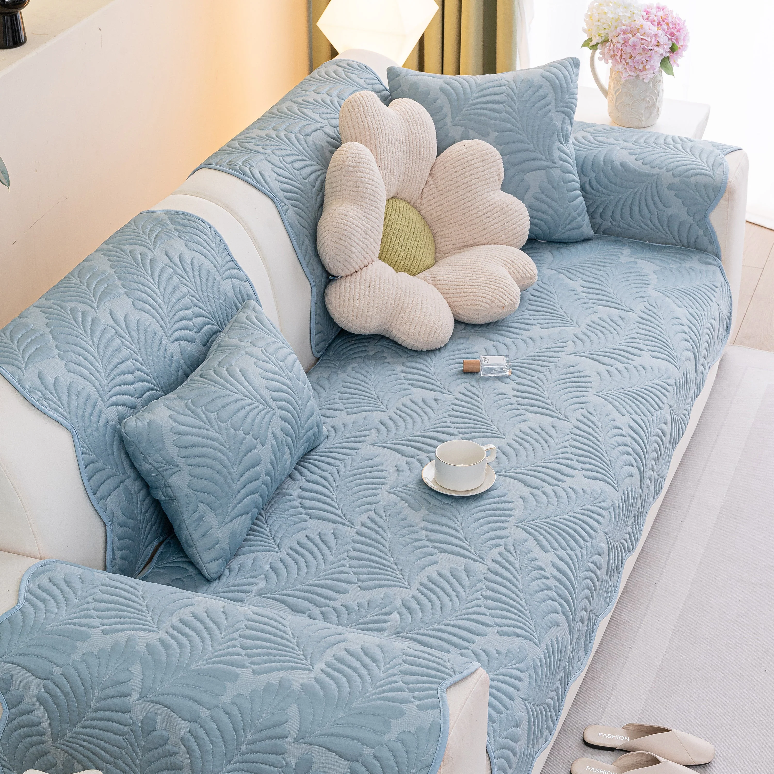 Sofa Cover for Leather & Fabric Couches, 3D Leaf Embossed Quilted Furniture Covers - Image 13