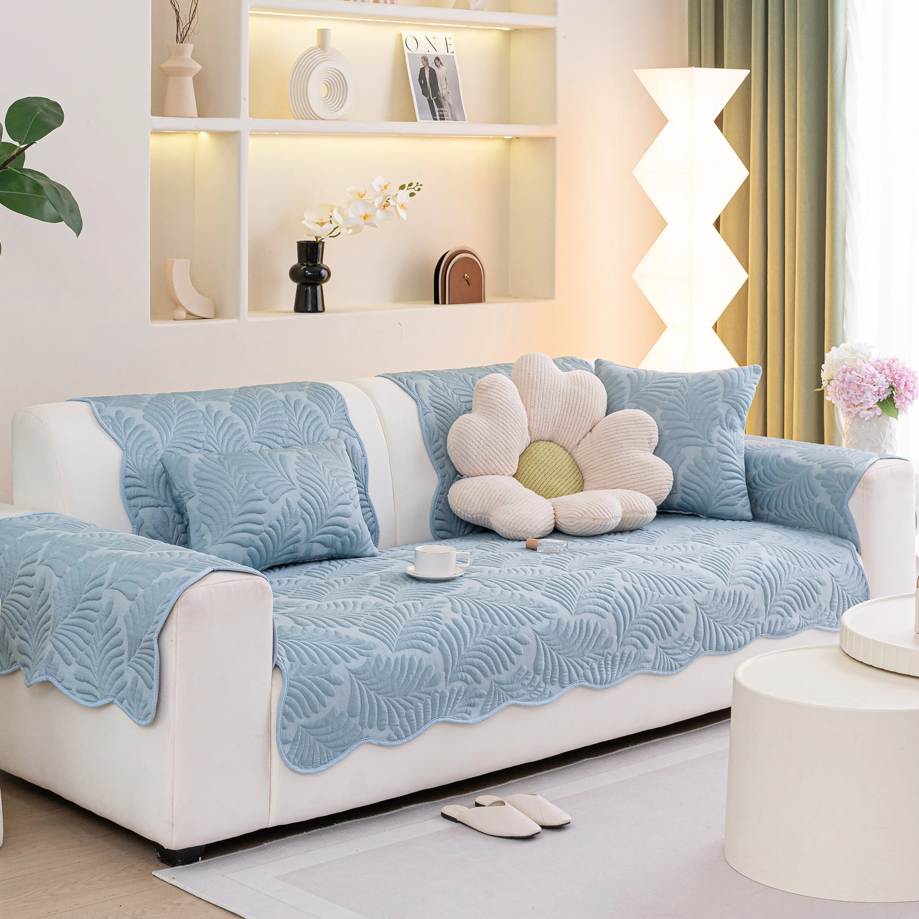 Sofa Cover for Leather & Fabric Couches, 3D Leaf Embossed Quilted Furniture Covers - Image 2