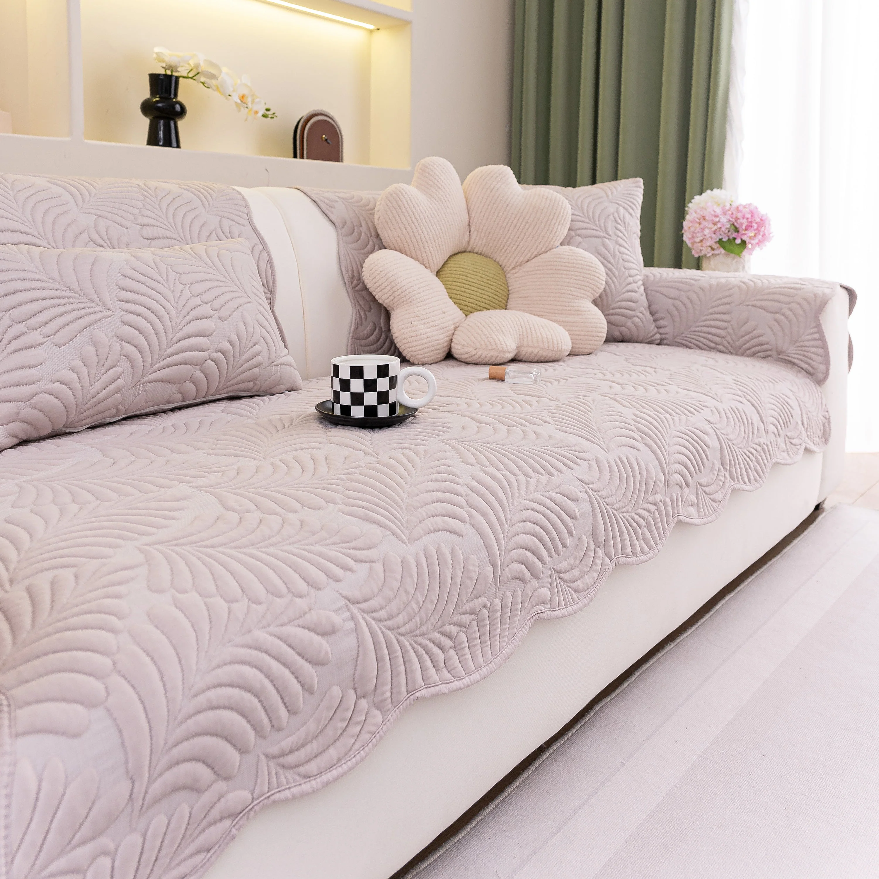 Sofa Cover for Leather & Fabric Couches, 3D Leaf Embossed Quilted Furniture Covers - Image 25