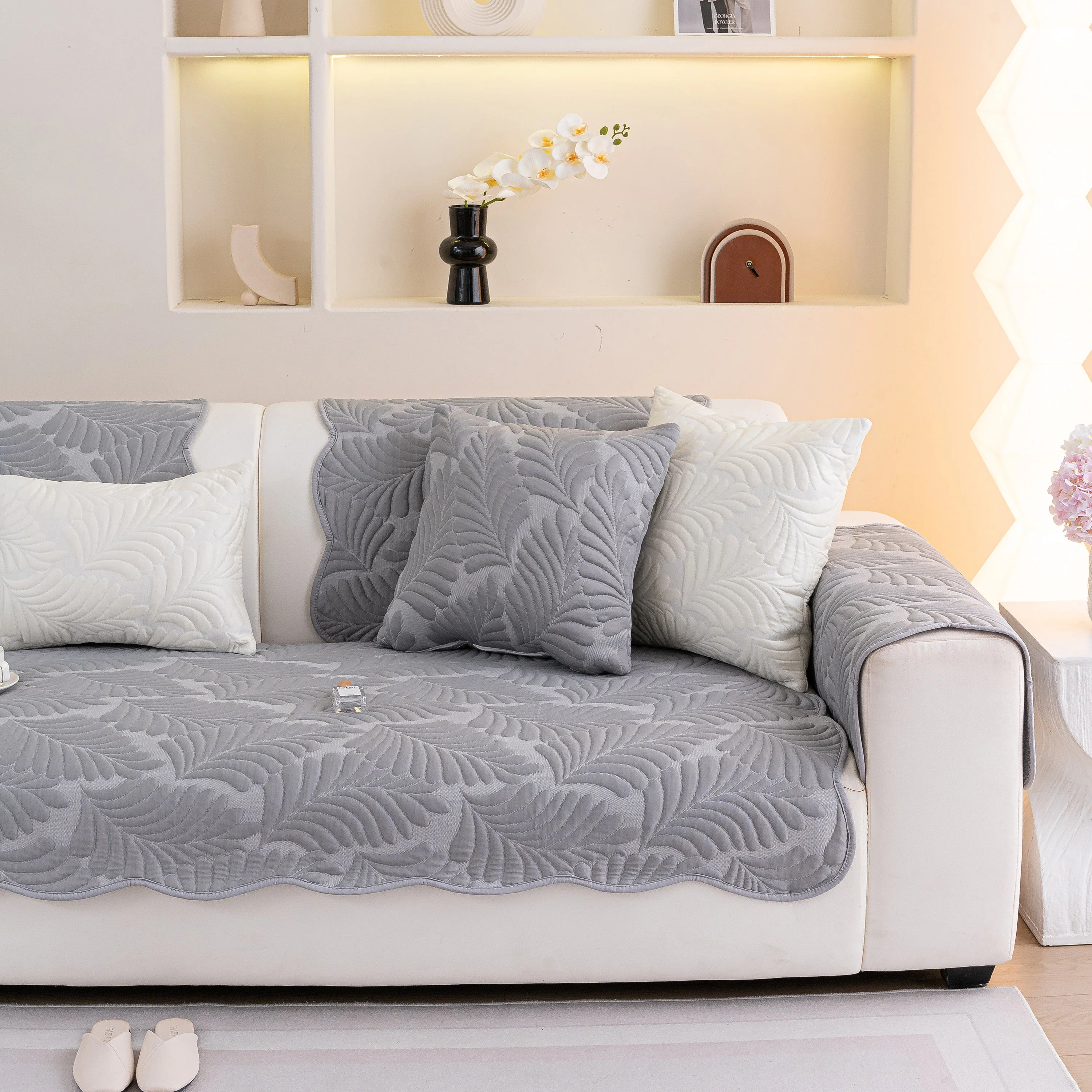 Sofa Cover for Leather & Fabric Couches, 3D Leaf Embossed Quilted Furniture Covers - Image 47