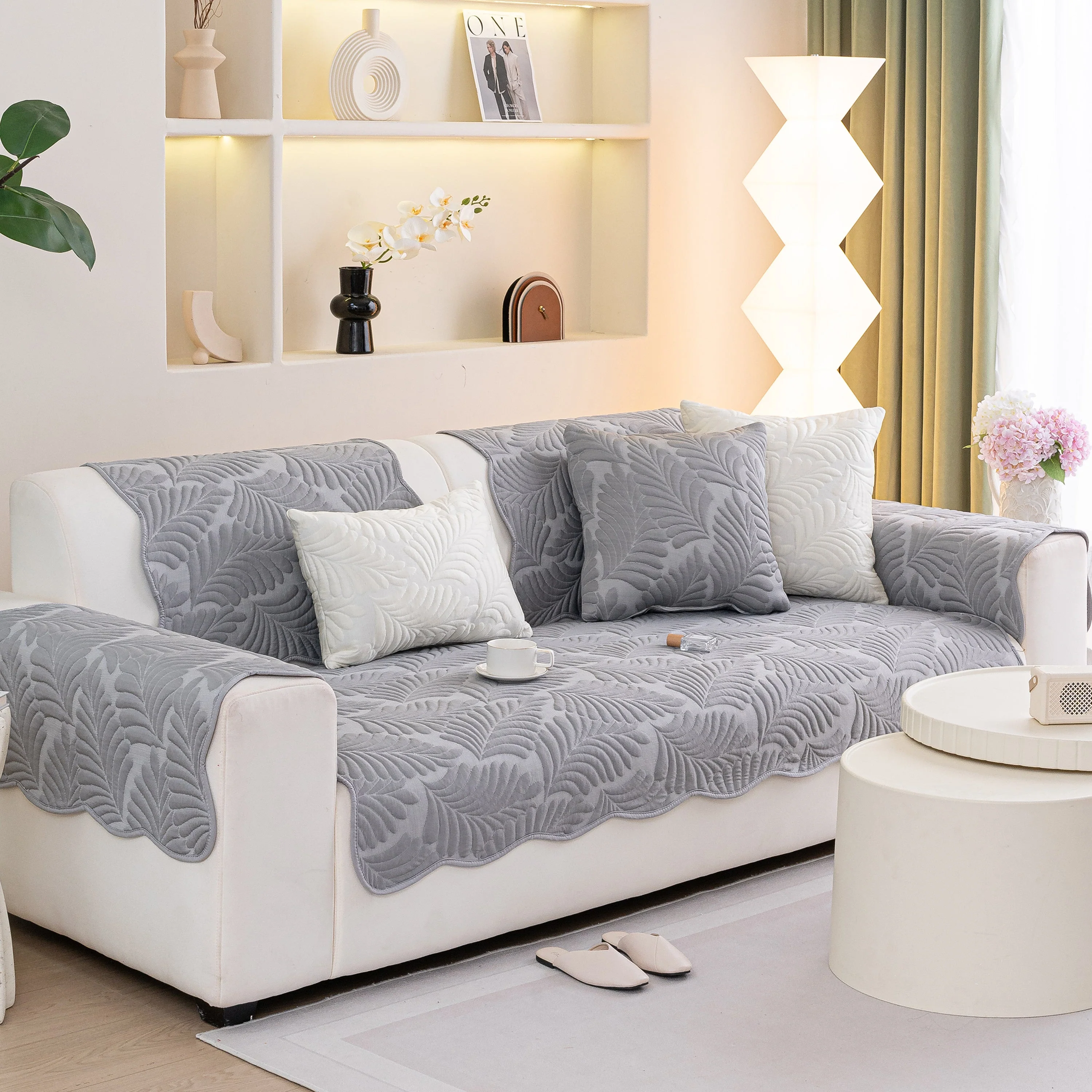 Sofa Cover for Leather & Fabric Couches, 3D Leaf Embossed Quilted Furniture Covers - Image 59